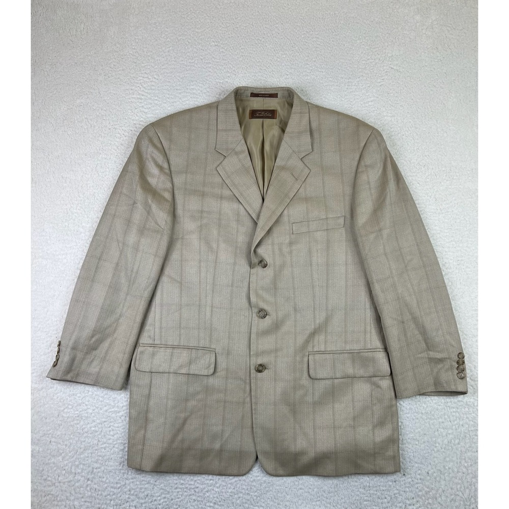 Tasso Elba Blazer Men's 44R Beige Plaid 3 Button Lanificio Campore Silk Wool